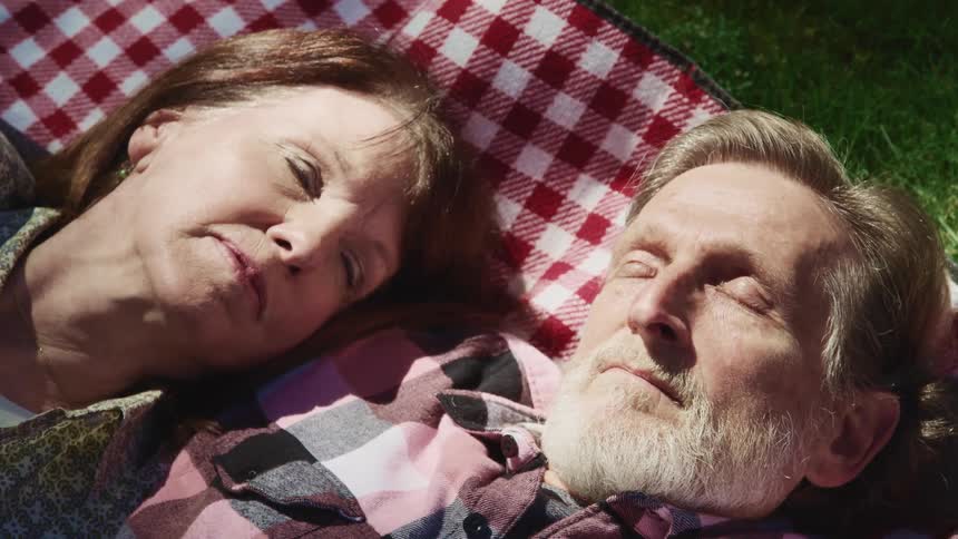 Two people sleep on a picnic blanket