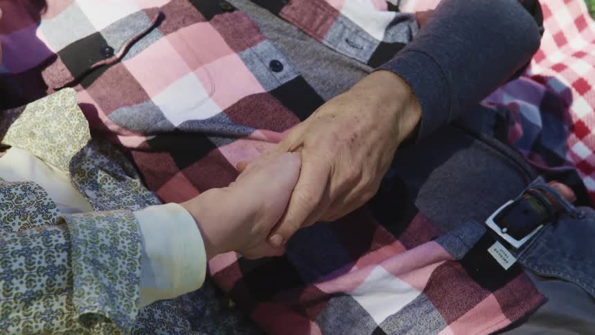 A couple hold hands on the picnic blanket
