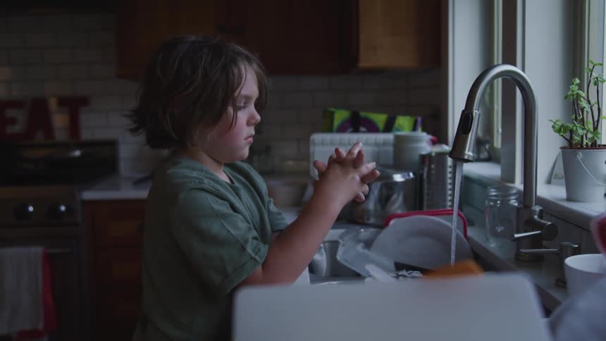 A young boy runs water in the kitchen sink as he prepares to do dishes