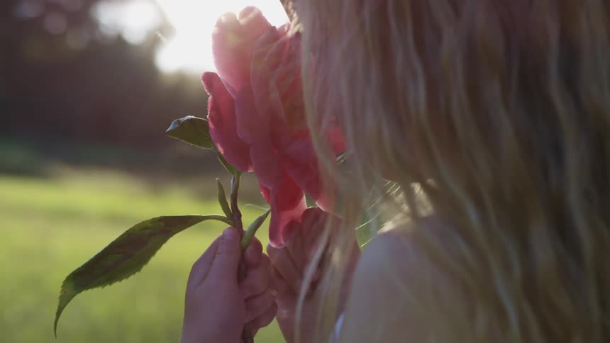 Blonde girl smells a pink rose on a sunny day