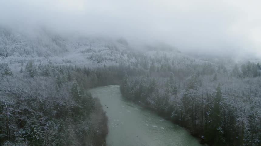 Following a river running through a forest below a snowy mountain shrouded in fog
