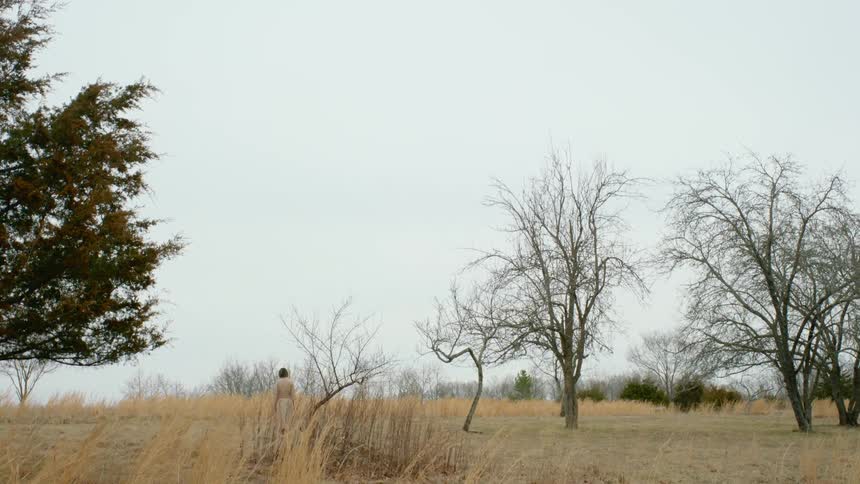 A woman stands in a field under a cloudy sky