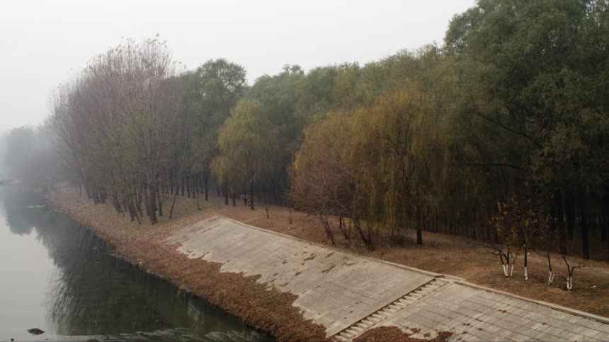 A person walks along a pathway between a forest and a misty river