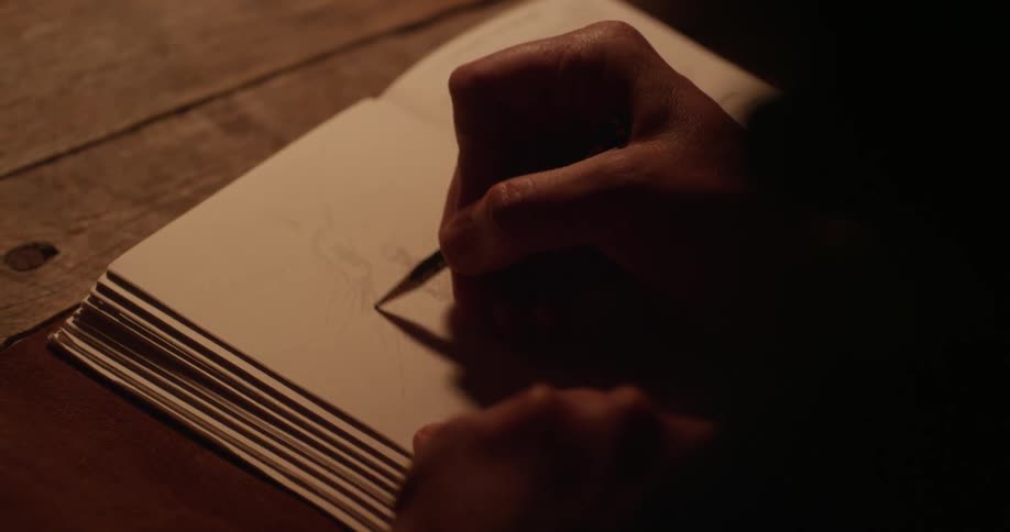 A man sketches in a notebook