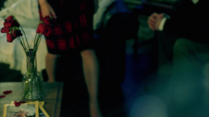 The flickering light of fireplace illuminates a man and woman sitting in a living room in front of a vase of dying roses before the woman suddenly stands and quickly walks out of frame