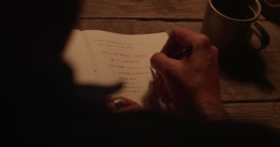 A man writes in a notebook at a desk