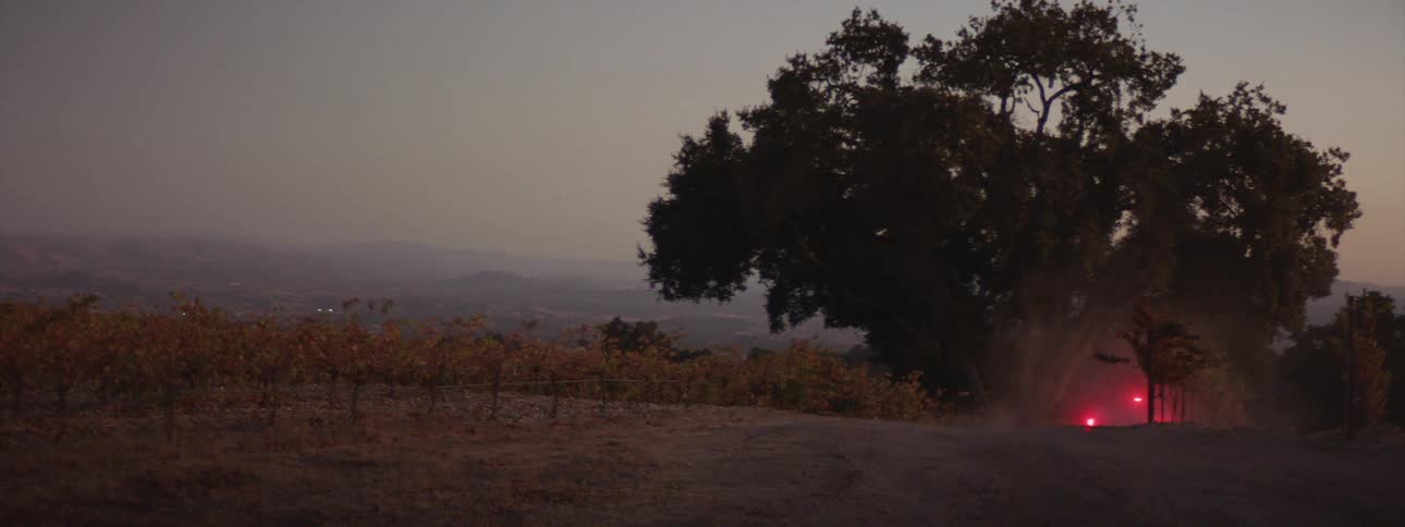 Red brake lights of a car driving away on a rural dirt road at sunset