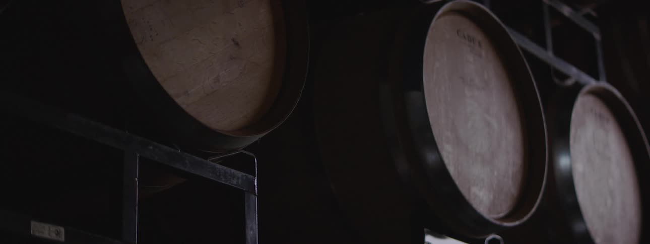 Wooden kegs sit on their side onmetal shelves in room as light illuminates darkness