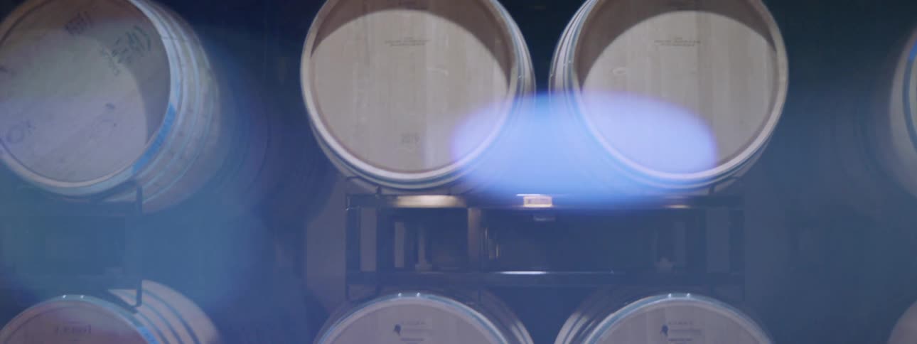 Barrels of alcohol on shelves in a warehouse