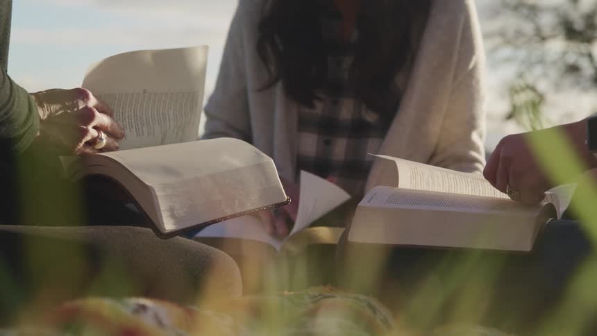Three people sitting outside reading