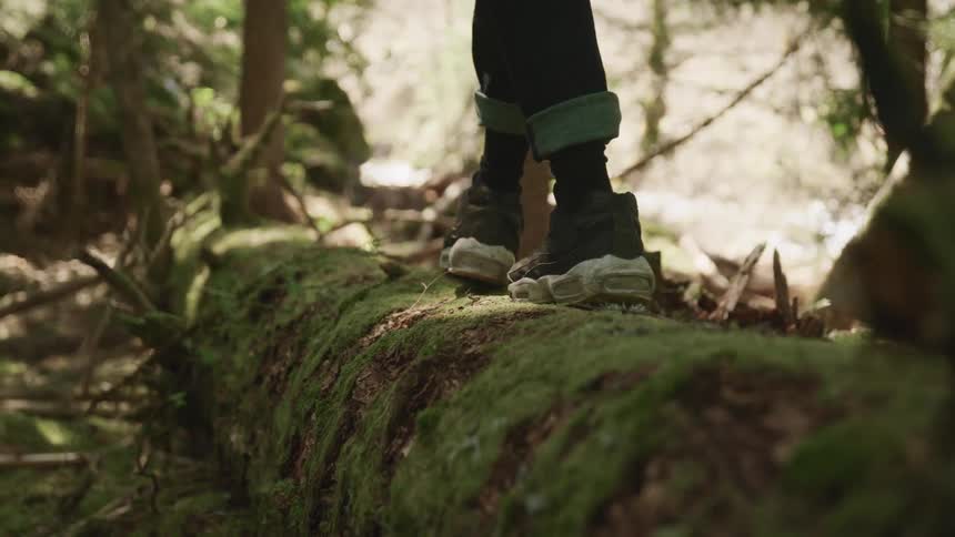 Male carefully walks heal to toe across a moss covered tree that has fallen to the ground in the woods