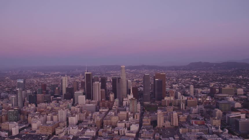 The skyscrapers of a metropolis under a purple evening sky