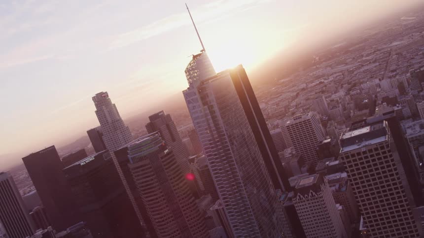 Aerial view of an urban city at dusk