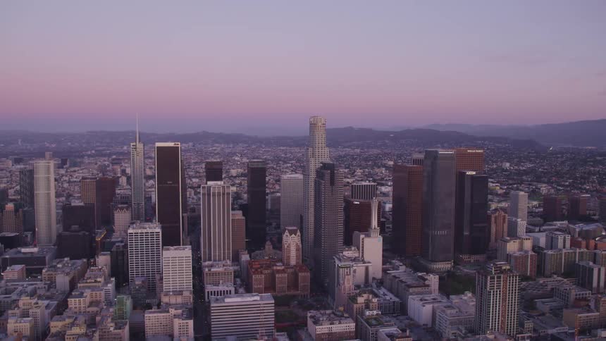 Skyscrapers in a metropolis under a purple evening sky