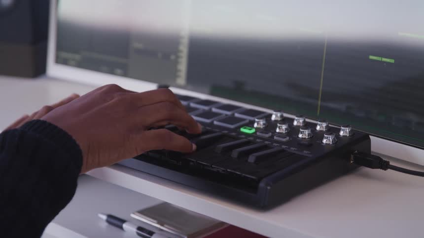 A woman plays on a small keyboard that is connected to a computer