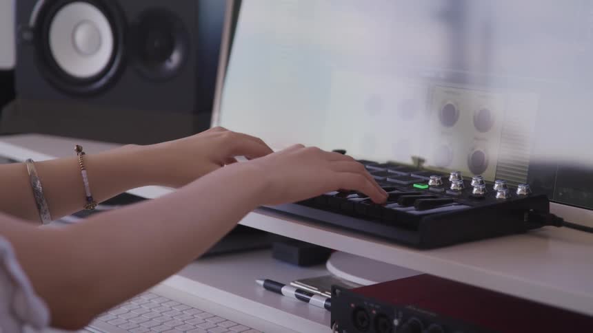 Woman plays the electronic keyboard in a music studio in front of a computer screen