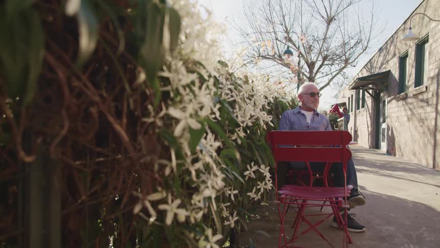 A man sits at a red table next to a long hedge near a road in the city