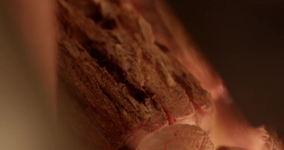 The log burns in the campfire