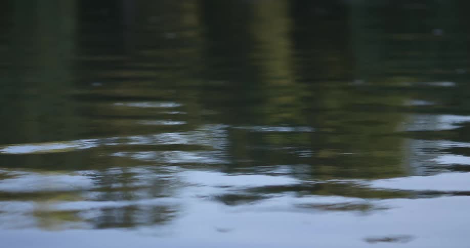 Rippling water reflects wooden posts and clear blue sky