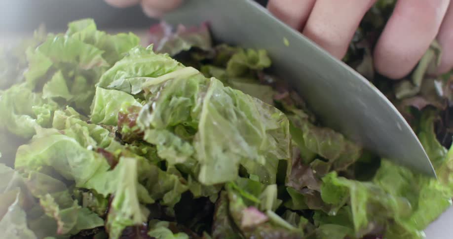 Man cuts a lettuce with a sharp knife on a cutting board
