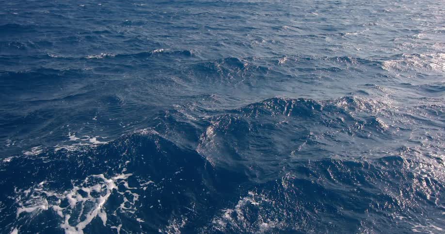 White foam forms as blue waves flow across ocean