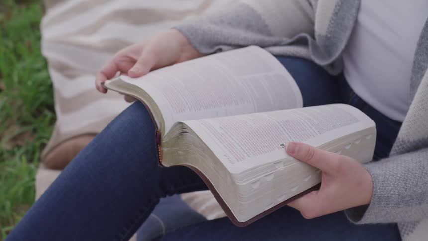 A woman sitting outside on a blanket reads a book