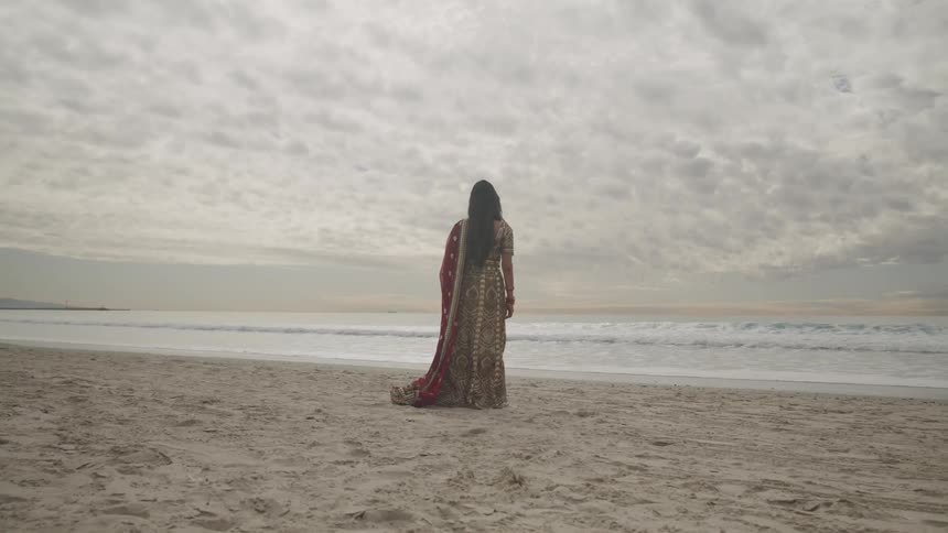 A woman is standing on the coast of a beach