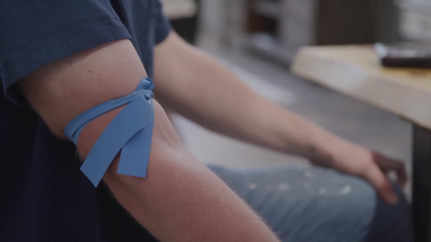 A person with a lab coat and gloves wiping a swab on another persons arm