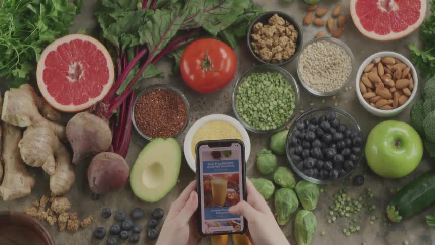 A person scrolls through their phone looking at healthy recipes in front of a table with fruits and vegetables