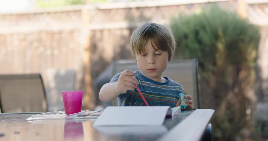 A boy is painting on some paper in the yard