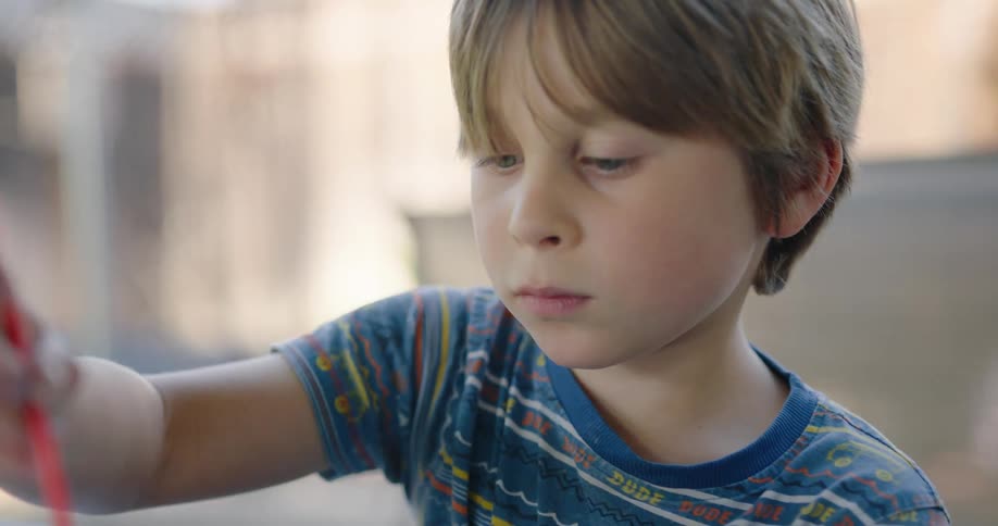 Male child washes off his paint brush in a cup of water and dries it with a paper towel in his hand before dipping the brush in the paint and putting the finishing touches on his picture