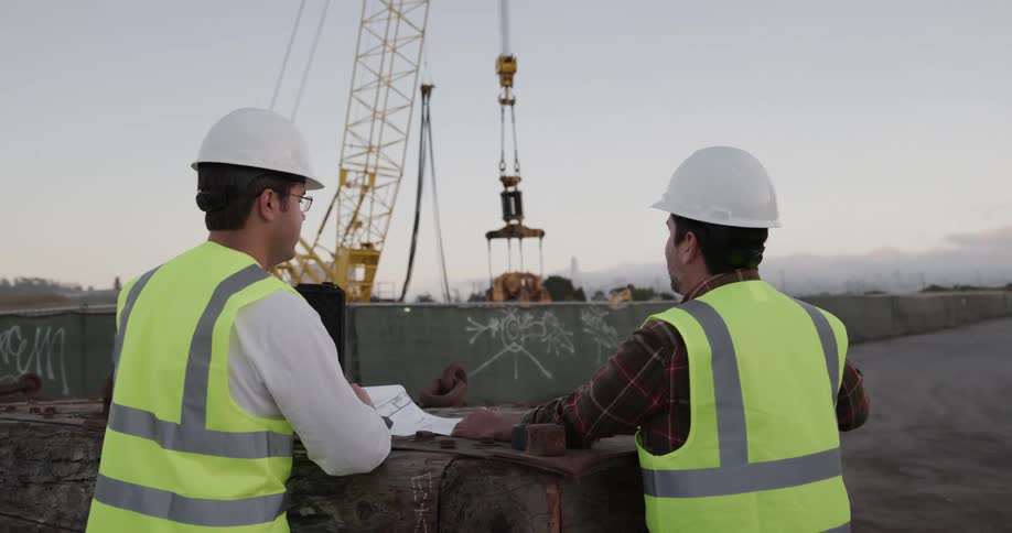 Two men on a construction site talking
