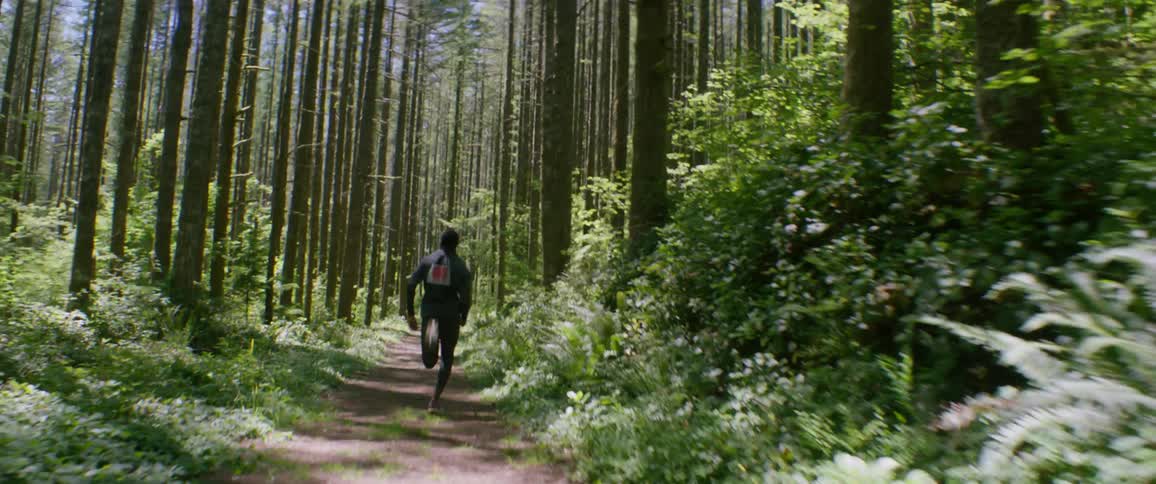 A man is running uphill into the forest