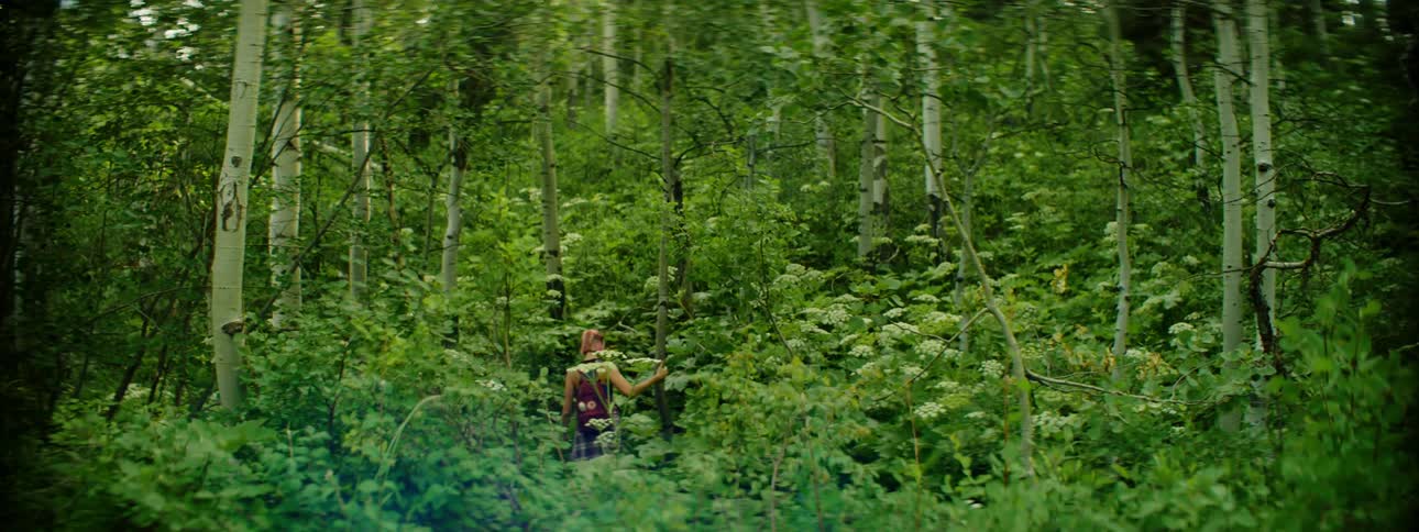 Young woman wearing a backpack walks through the green vegetation in a forest
