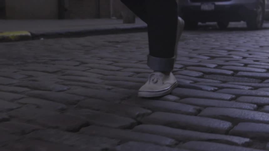 A person walks down a brick road