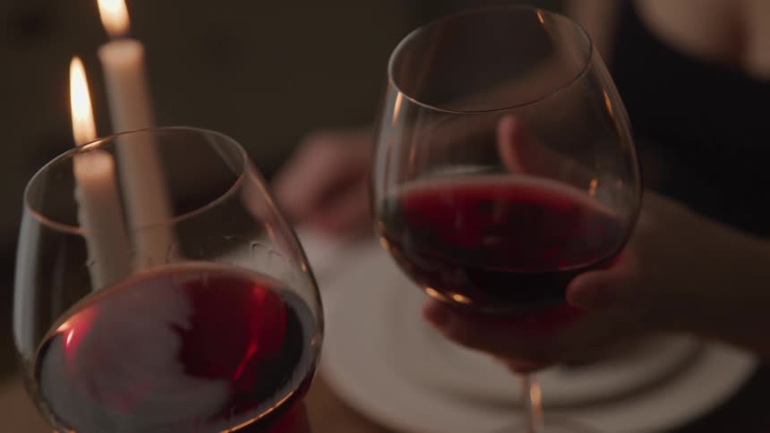 Two people seated at a dining table toast by touching their glasses of wine