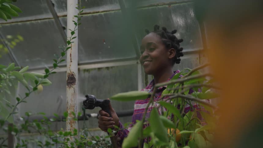 A smiling woman uses a hose to water plants in a greenhouse