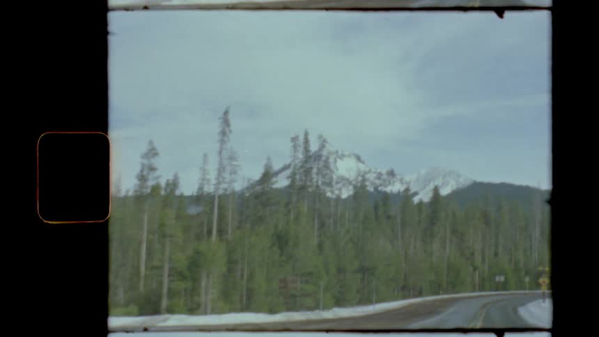 A road running alongside an evergreen forest below a snow capped mountain