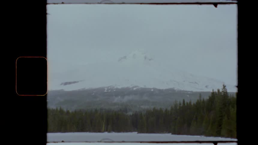 A snow capped mountain looms over a forest which surrounds a lake