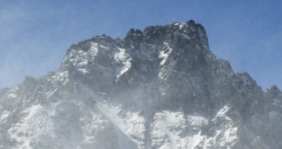 Heavy wind blowing snow in mountains on a winter day