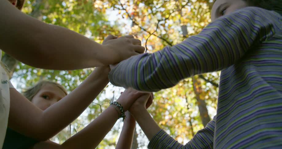 Children in the woods holding hands in a circle