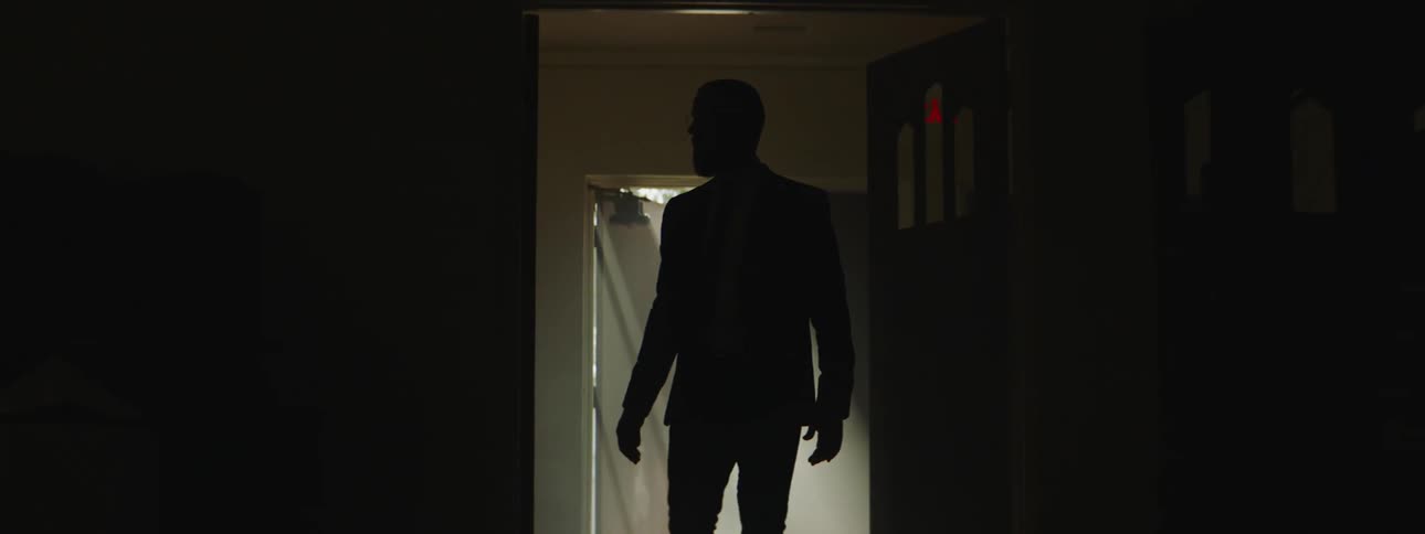 Sunlight entering from ajar door silhouettes man entering dark room