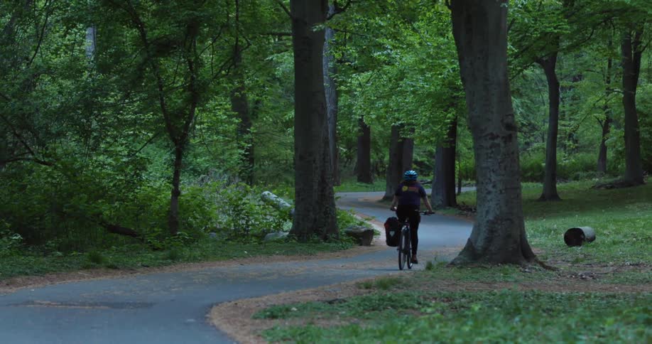 A person is biking down a path