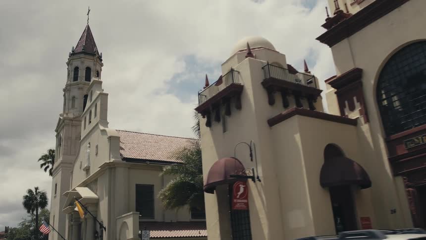Palm trees in the wind between ornate buildings in a neighborhood