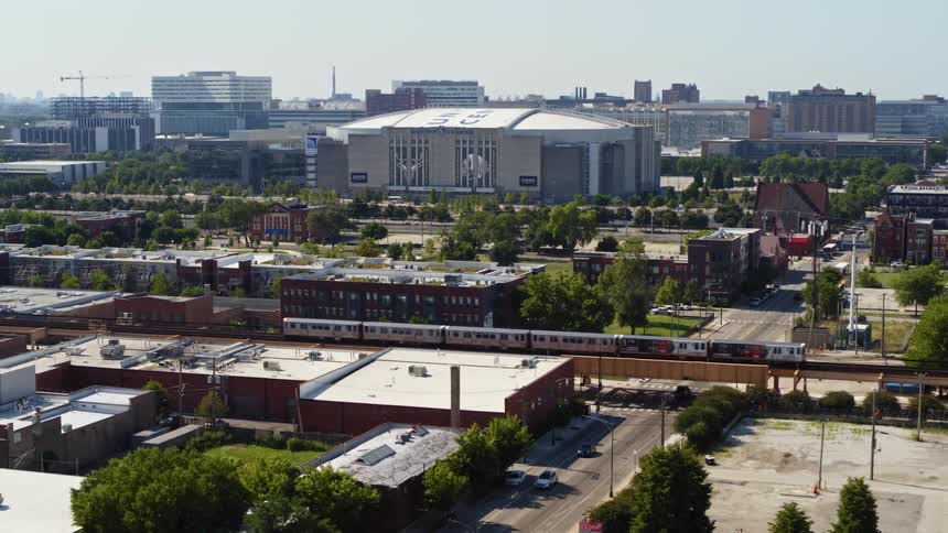 Chicago train passes United Center