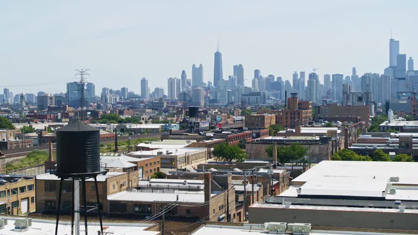 Apartment buildings and businesses fill a neighborhood near Chicago downtown