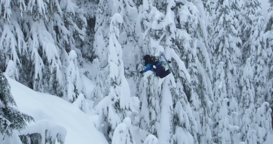 A skier flips over a snowy tree
