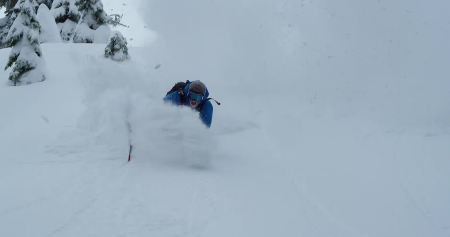 A skier flies through deep powder in the forest