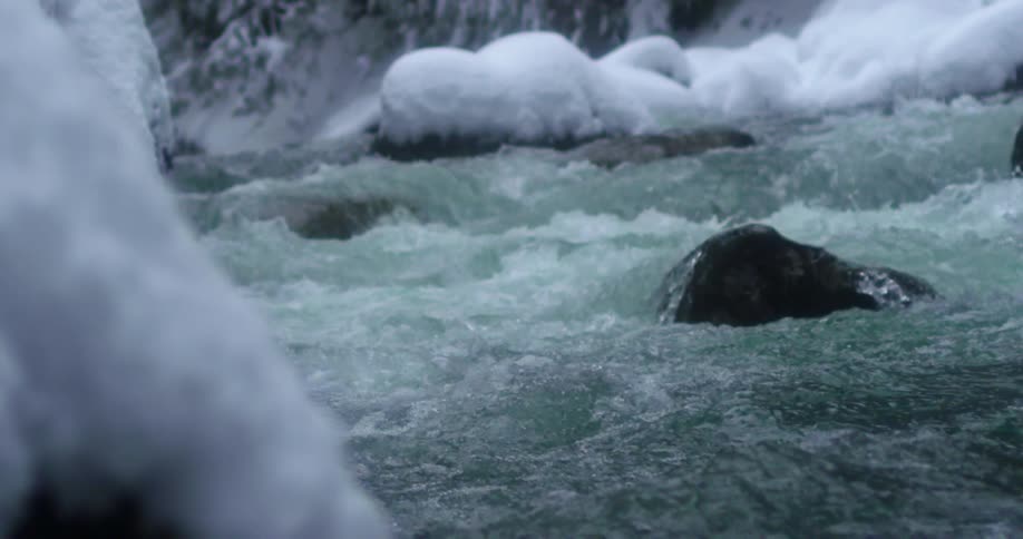 A fast flowing river in winter