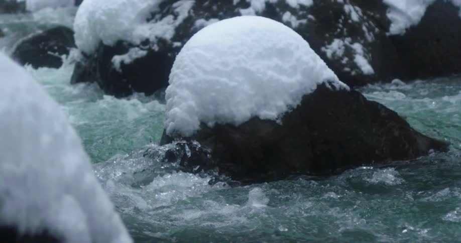 Water flows through a snowy creek